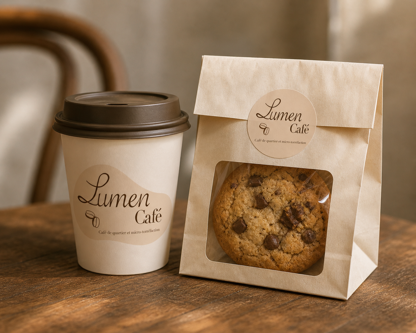 Application de l'identité Lumen Café sur un support gourmand